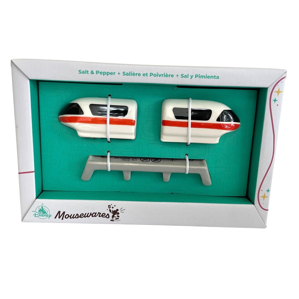Disney Parks Mousewares Monorail Salt and Pepper‎ Shaker Set with Base New